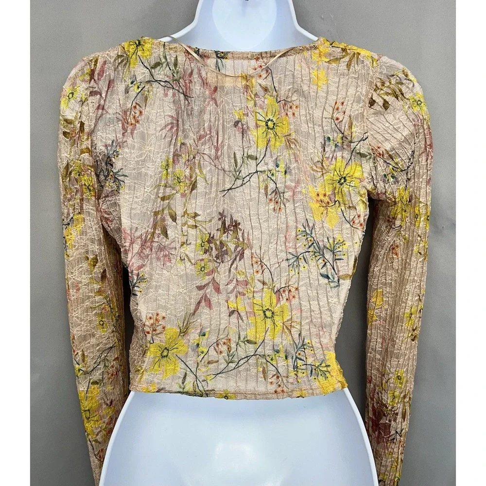 Free People Pink Floral Ribbed Crop Cardigan